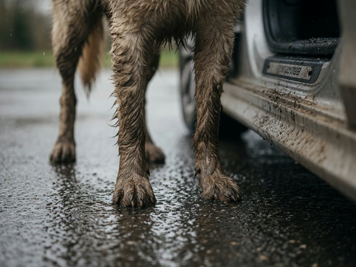 Close-up of muddy dog paws beside a car after a wet walk