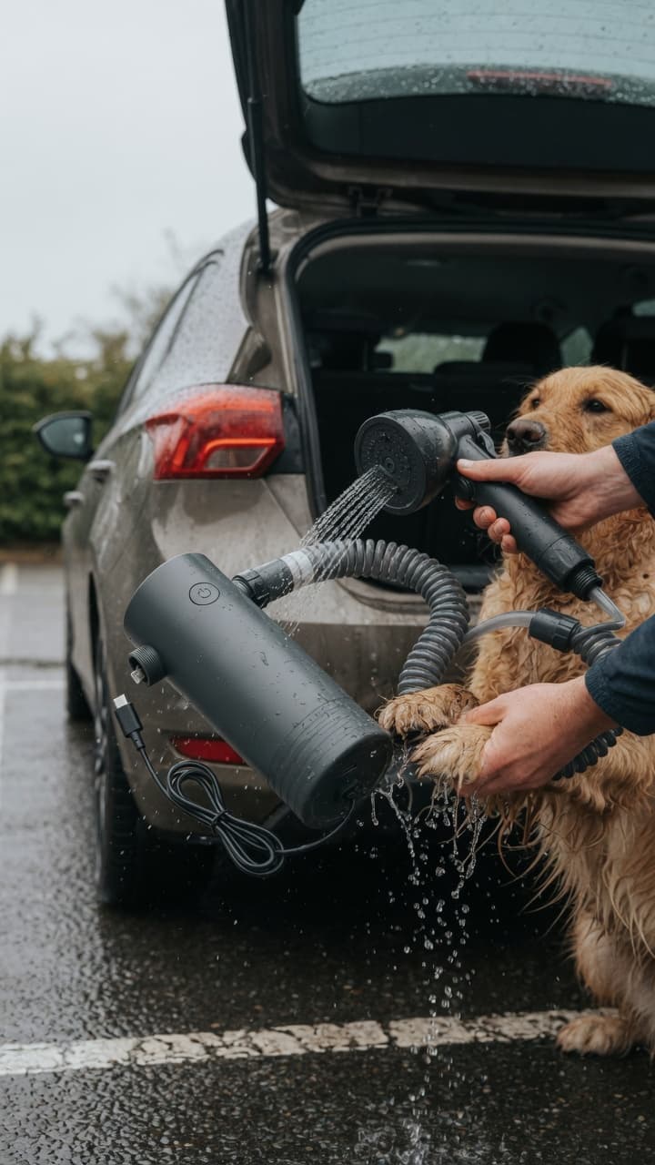 Muddy dog and CampRinse at the car boot after a walk