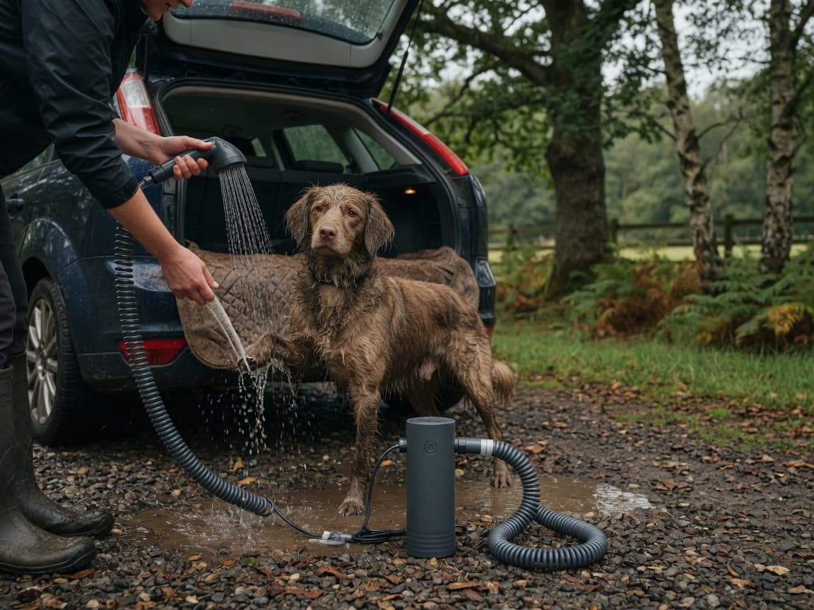 Muddy dog being rinsed at an open UK car boot with CampRinse
